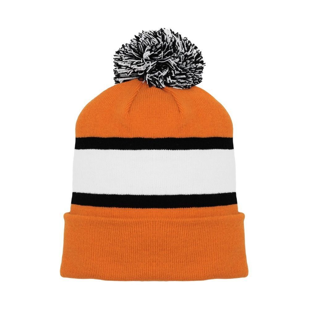 NEW Athletic Knit Orange and White Kids Pom-Pom Beanie